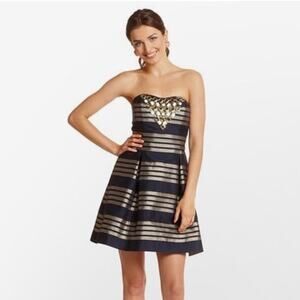 Lilly Pulitzer Sami Ryan Navy Gold Strapless Flare Cocktail Dress 4 Embellished